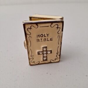 Vintage Brass Enamel Jeweled Hinged Holy Bible Trinket Box Mini 2" x 1.75" Heavy